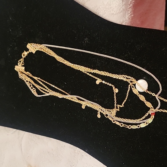 Gold Tone White Pearlized Round Shell Multi Chain Layered Necklace - Picture 3 of 4